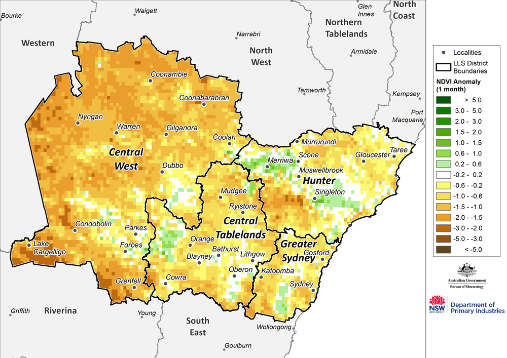 Figure 22. Monthly NDVI anomaly map for the Central Tablelands, Central West, Hunter and Greater Sydney regions For an accessible explanation of this map contact the author kim.broadfoot@dpi.nsw.gov.au