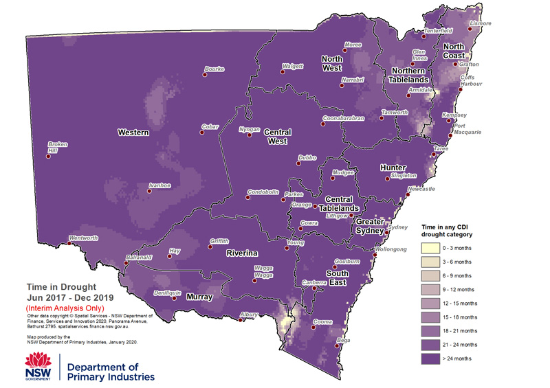Figure 2: Drought Duration from 1 June 2017 to 31 December 2019 For an accessible explanation of this map contact the author seasonal.conditions@dpi.nsw.gov.au