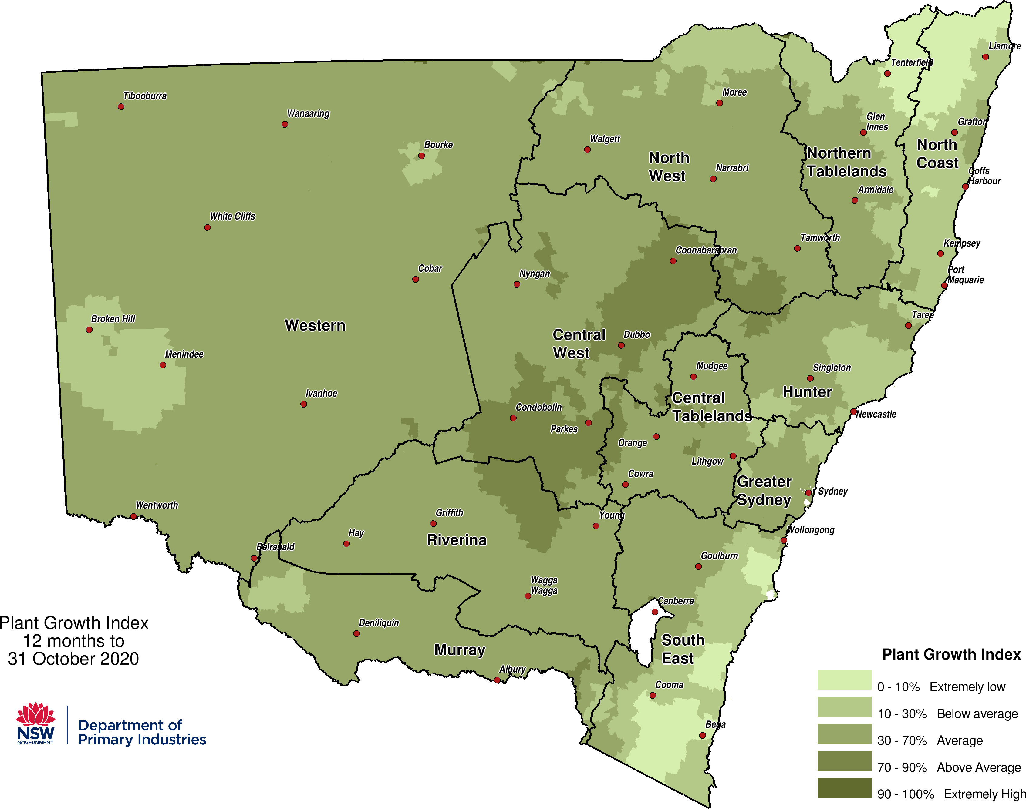 Figure 7. Plant Growth Index (PGI) to 31 October 2020 For an accessible explanation of this map contact the author seasonal.conditions@dpi.nsw.gov.au