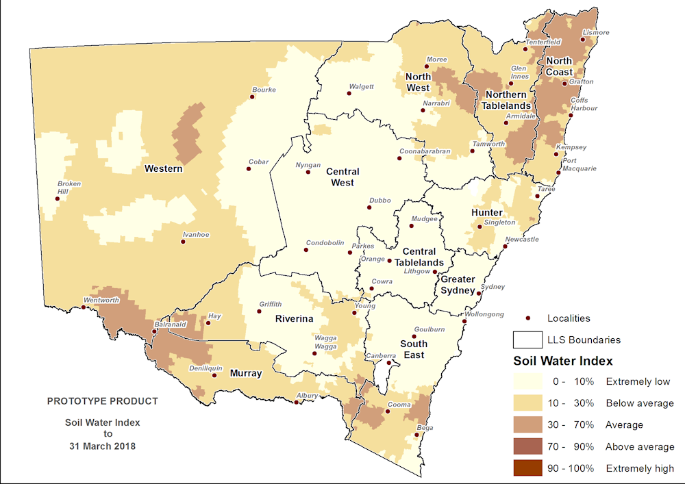 Figure 7. Soil Water Index (SWI) to 31 March 2018 For an accessible explanation of this map contact the author kim.broadfoot@dpi.nsw.gov.au