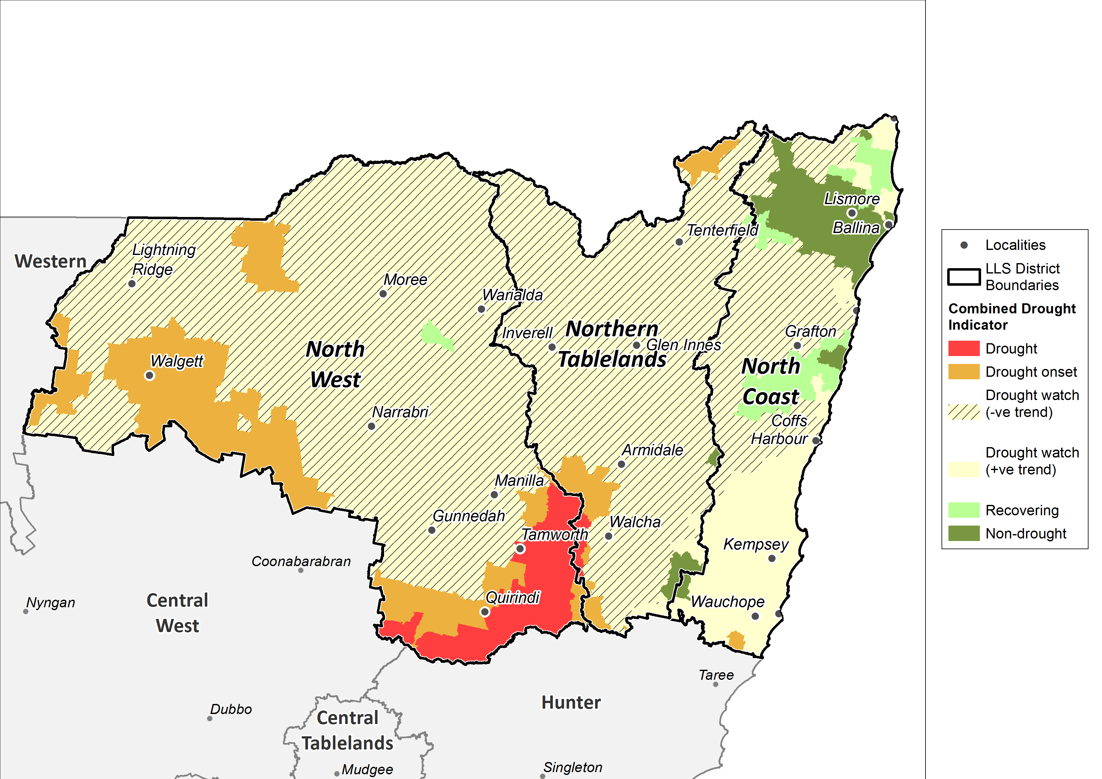 Figure 15. Combined Drought Indicator for the North West, Northern Tableland and North Coast regions For an accessible explanation of this map contact the author anthony.clark@dpi.nsw.gov.au