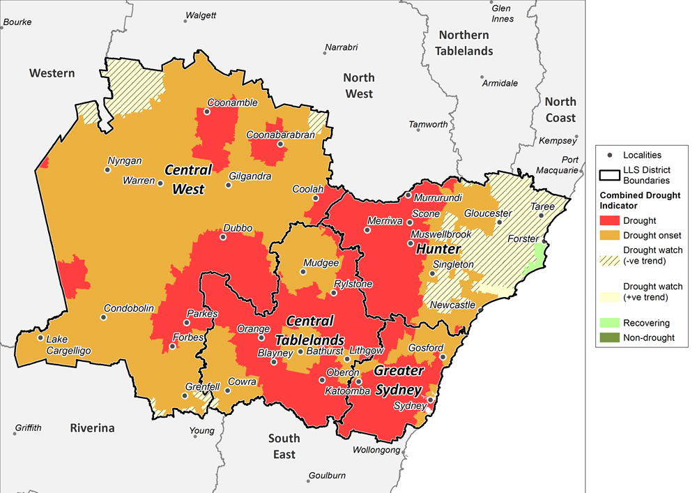 Figure 17. Combined Drought Indicator for the Central Tablelands, Central West, Hunter and Greater Sydney regions For an accessible explanation of this map contact the author kim.broadfoot@dpi.nsw.gov.au