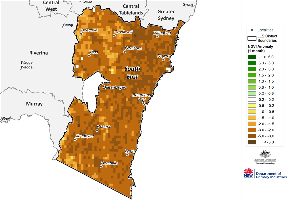Figure 20. Monthly NDVI anomaly map for the South East region For an accessible explanation of this map contact the author kim.broadfoot@dpi.nsw.gov.au