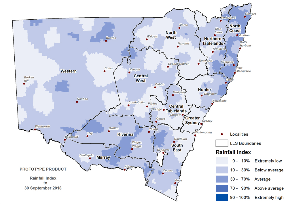 Figure 9. Rainfall Index (RI) to 30 September 2018 For an accessible explanation of this image contact the author kim.braodfoot@dpi.nsw.gov.au
