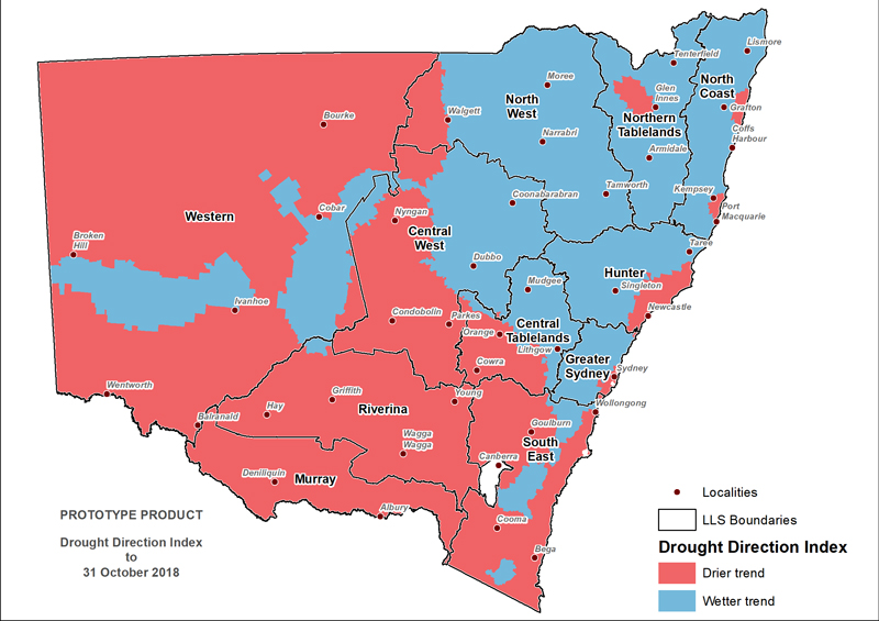 Figure 10. Drought Direction Index (DDI) to 31 October 2018 For an accessible explanation of this image contact the author kim.broadfoot@dpi.nsw.gov.au