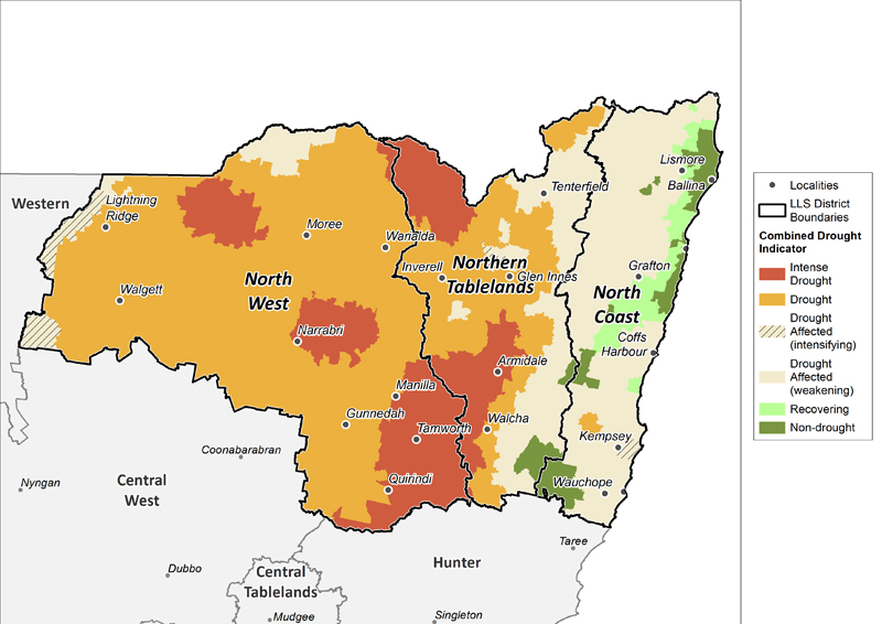 Figure 19. Combined Drought Indicator for the North West, Northern Tableland and North Coast regions For an accessible explanation of this image contact the author kim.broadfoot@dpi.nsw.gov.au