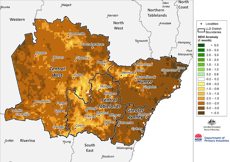 Figure 22. Monthly NDVI anomaly map for the Central Tablelands, Central West, Hunter and Greater Sydney regions For an accessible explanation of this map contact the author kim.broadfoot@dpi.nsw.gov.au