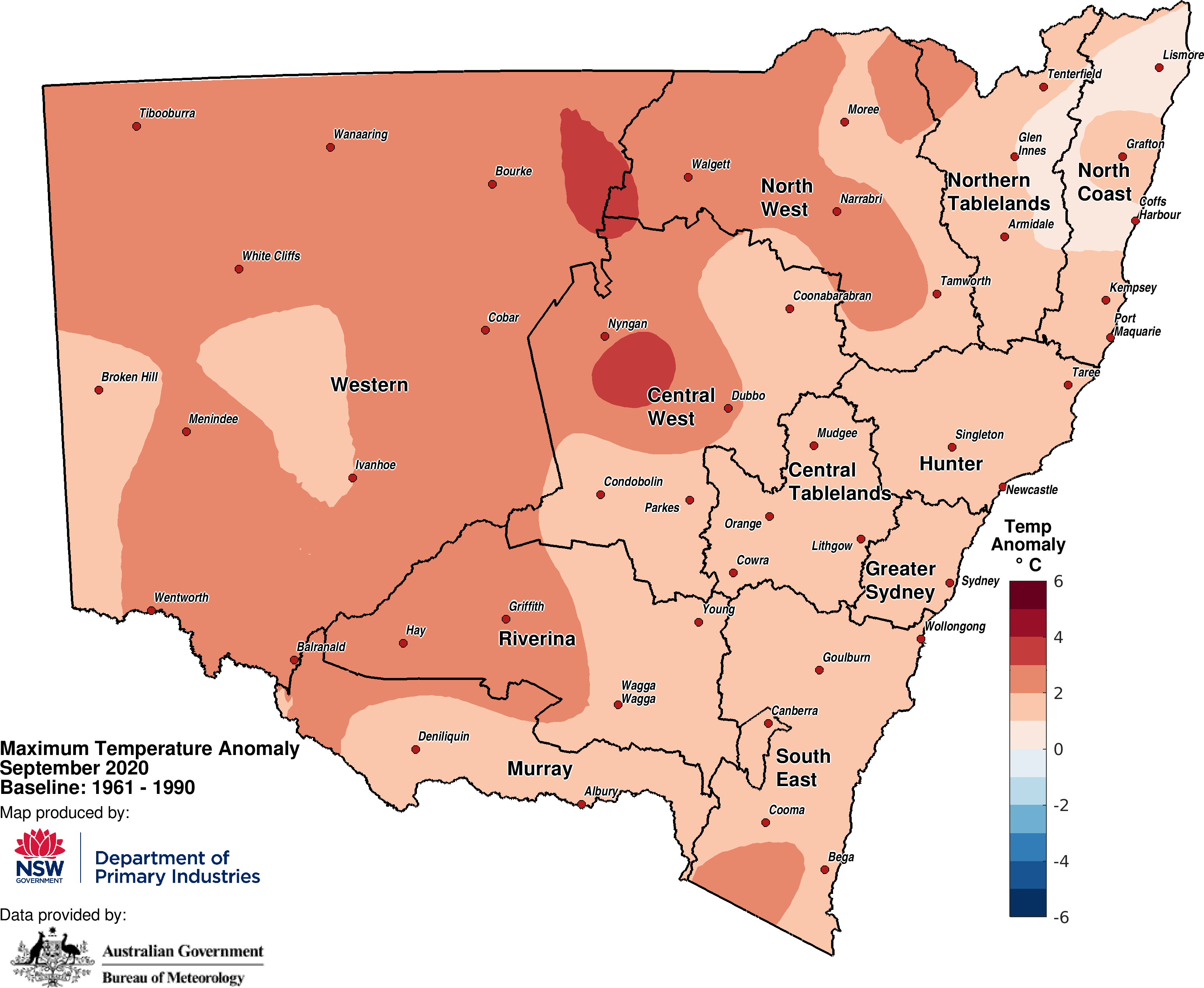 Figure 3a. Average maximum temperature anomaly – September 2020 For an accessible explanation of this map contact the author scott.wallace@dpi.nsw.gov.au