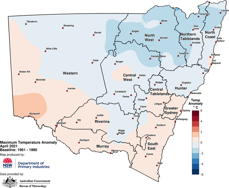 Figure 3a. Average maximum temperature anomaly &ndash; April 2021