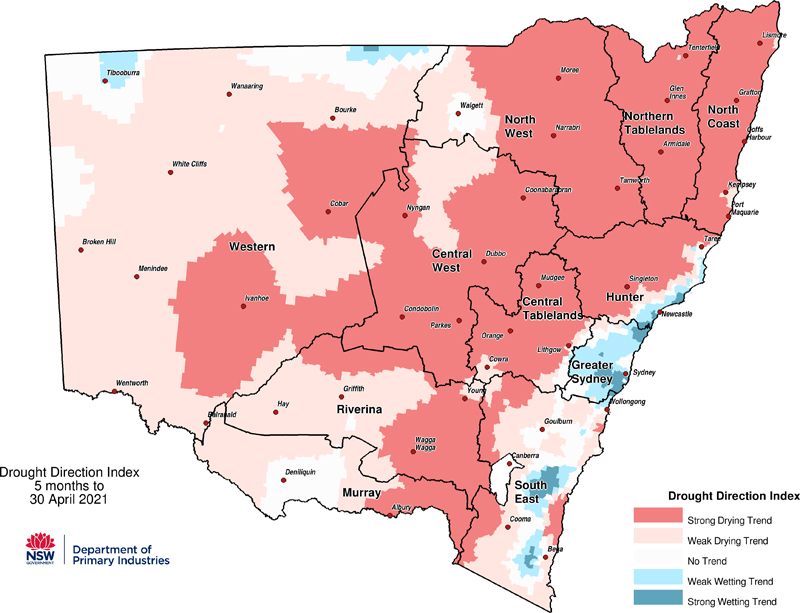 Figure 9. Drought Direction Index (DDI) to 30 April 2021