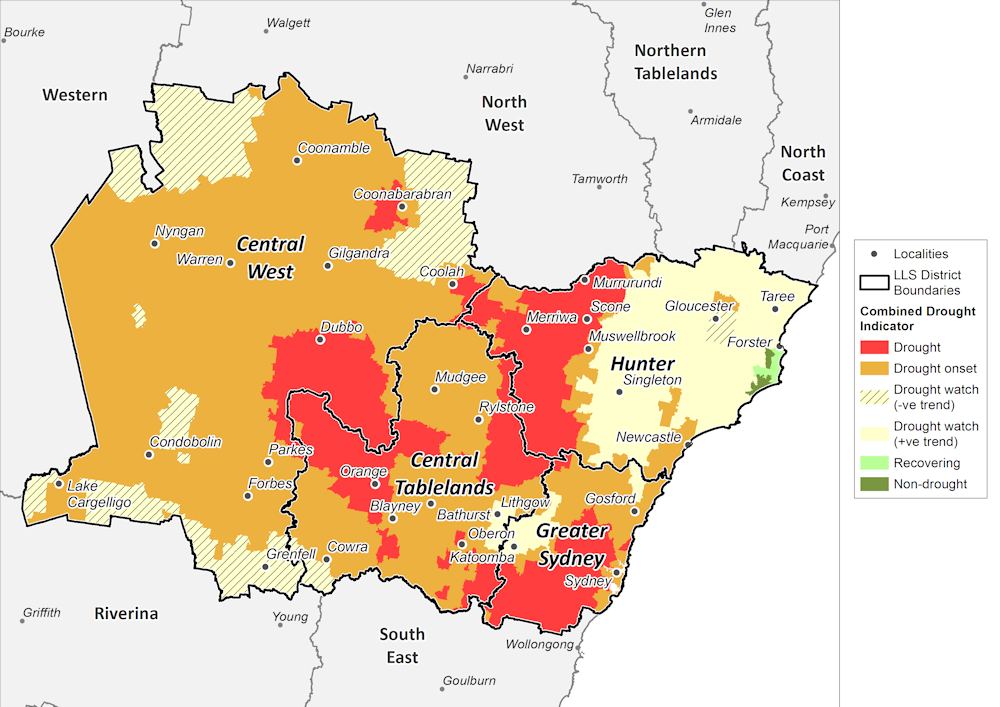 Figure 17. Combined Drought Indicator for the Central Tablelands, Central West, Hunter and Greater Sydney regions For an accessible explanation of this map contact the author kim.broadfoot@dpi.nsw.gov.au