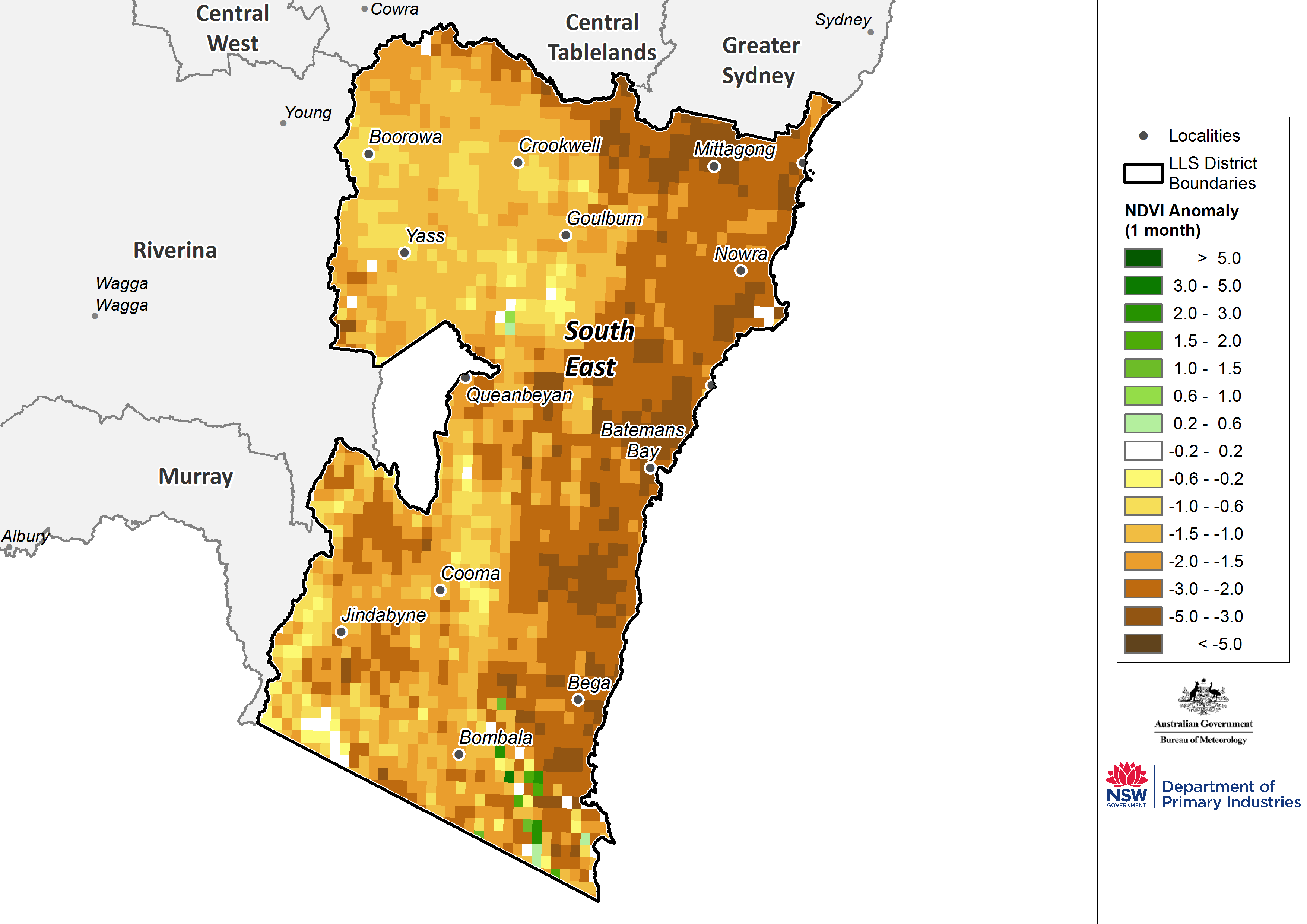 Figure 20. Monthly NDVI anomaly map for the South East region For an accessible explanation of this map contact the author anthony.clark@dpi.nsw.gov.au