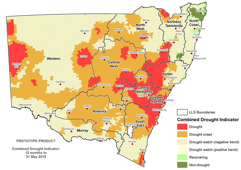 Figure 1. Verified NSW Combined Drought Indicator to 31 May 2018 For an accessible explanation of this map contact the author kim.broadfoot@dpi.nsw.gov.au