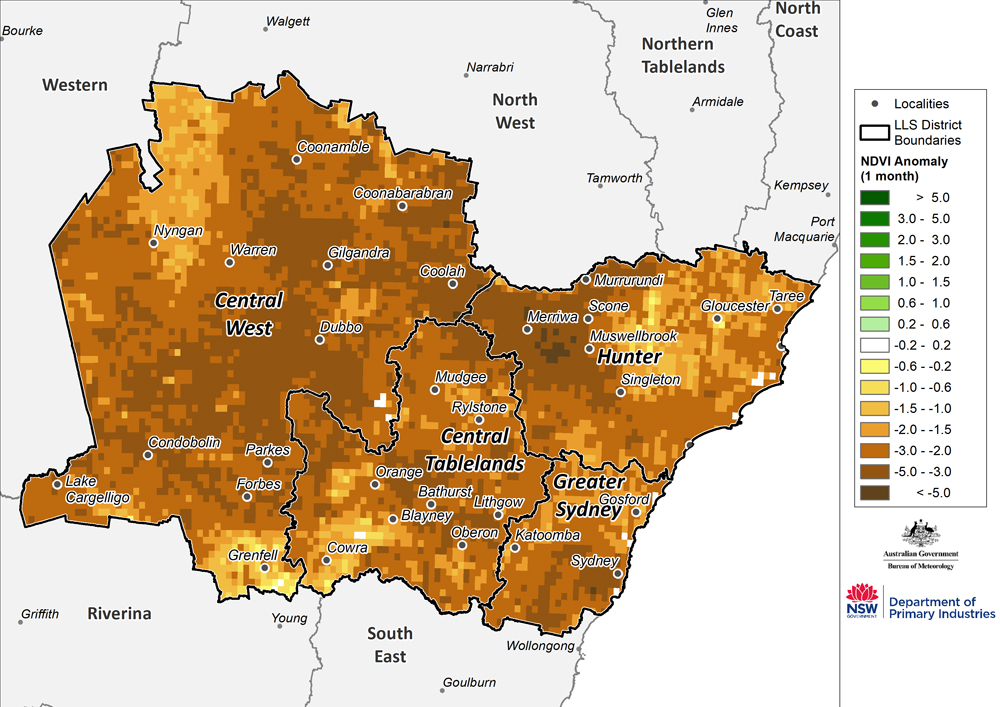 Figure 21. Monthly NDVI anomaly map for the Central Tablelands, Central West, Hunter and Greater Sydney regions For an accessible explanation of this image contact the author kim.braodfoot@dpi.nsw.gov.au