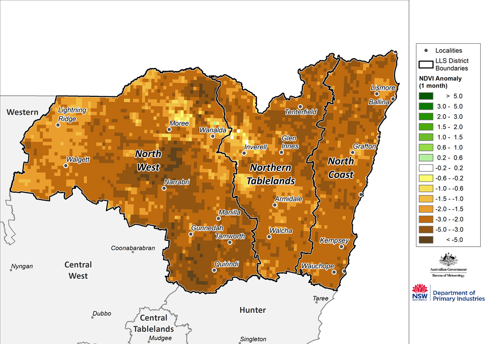 Figure 22. Monthly NDVI anomaly map for the North West, Northern Tableland and North Coast regions For an accessible explanation of this image contact the author kim.braodfoot@dpi.nsw.gov.au