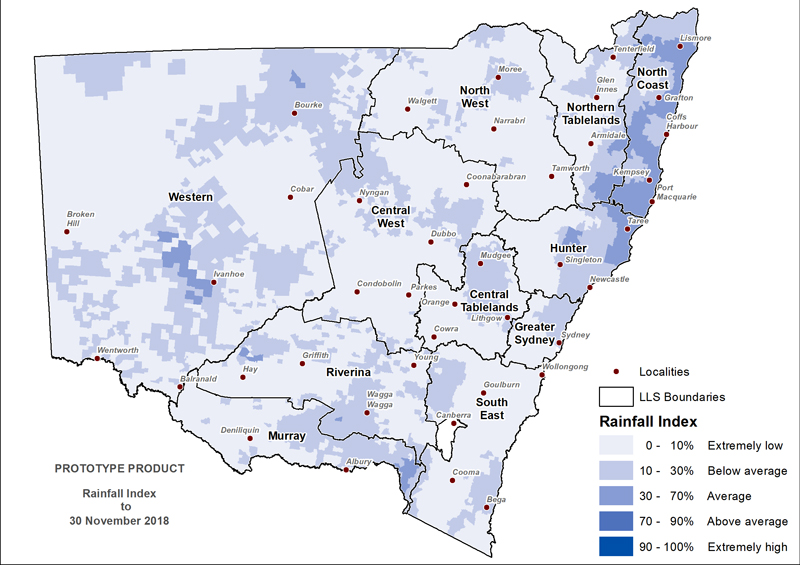 Figure 7. Rainfall Index (RI) to 30 November 2018 For an accessible explanation of this map contact the owner kim.braoadfoot@dpi.nsw.gov.au