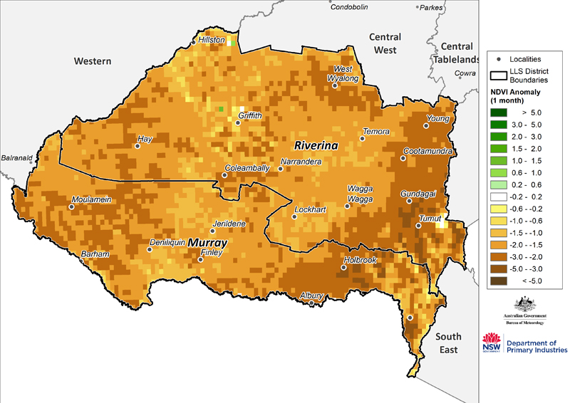 Figure 13. Monthly NDVI anomaly map for the Murray and Riverina regions For an accessible explanation of this map contact the owner kim.braoadfoot@dpi.nsw.gov.au