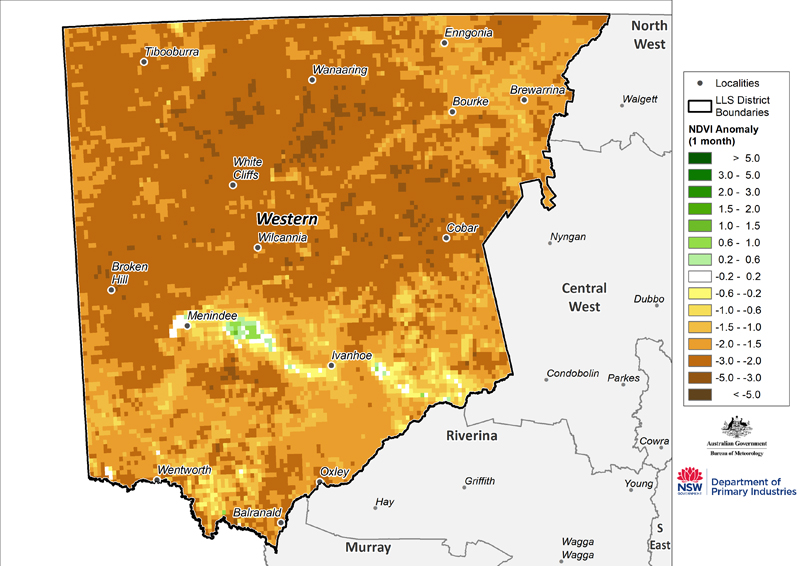 Figure 16. Monthly NDVI anomaly map for the Western Region For an accessible explanation of this map contact the owner kim.braoadfoot@dpi.nsw.gov.au