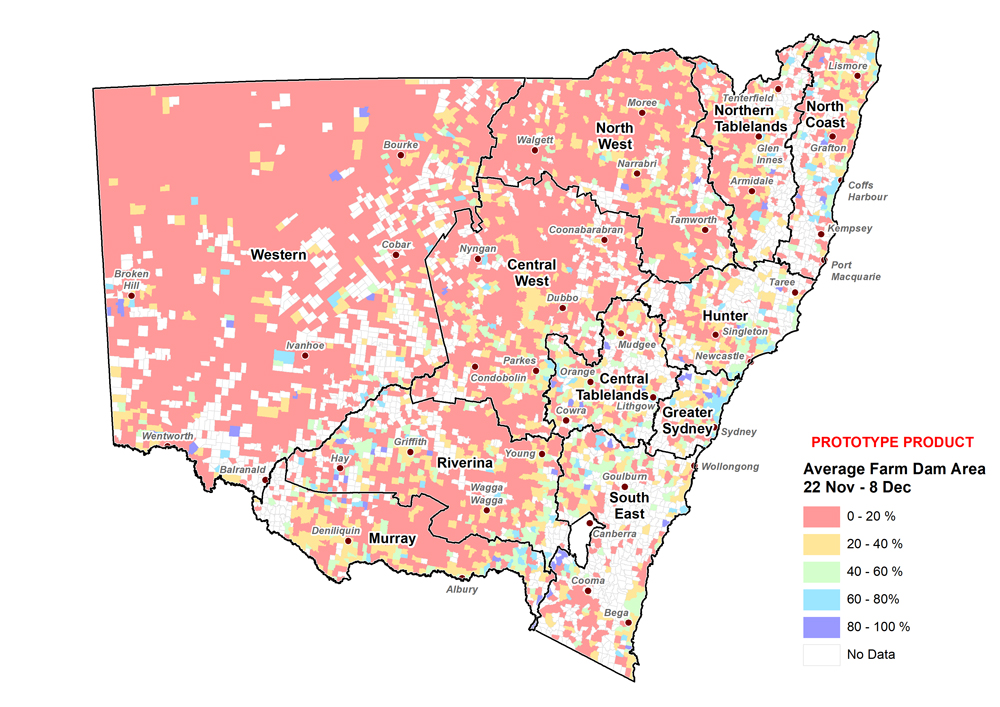 Figure 6. Average parish-level farm dam extents between 22 November and 8 December 2018. For an accessible explanation of this map contact the author kim.broadfoot@dpi.nsw.gov.au