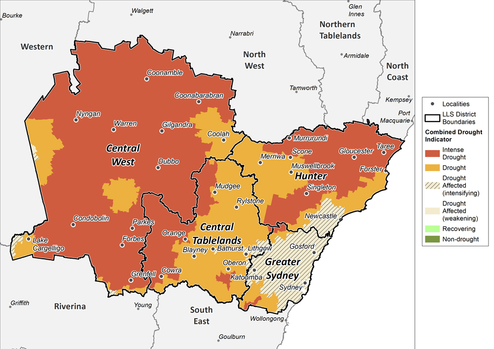 Figure 22. Combined Drought Indicator for the Central Tablelands, Central West, Hunter and Greater Sydney regions For an accessible explanation of this map contact the author seasonal.conditions@dpi.nsw.gov.au