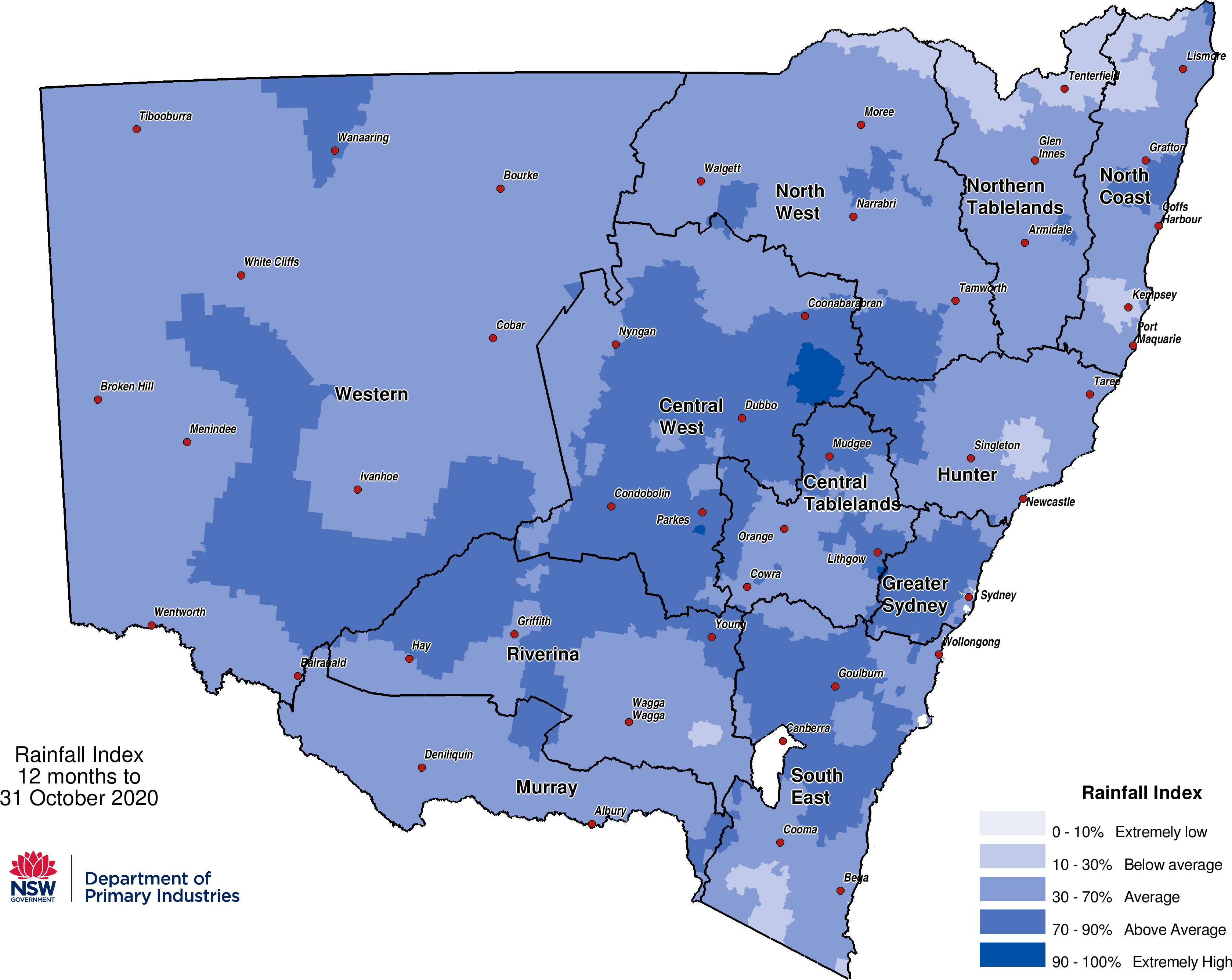 Figure 8. Rainfall Index (RI) to 31 October 2020 For an accessible explanation of this map contact the author seasonal.conditions@dpi.nsw.gov.au