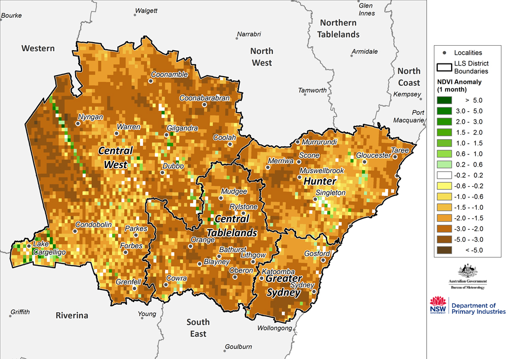Figure 18. Monthly NDVI anomaly map for the Central Tablelands, Central West, Hunter and Greater Sydney regions (note data quality problems in NDVI data) For an accessible explanation of this map contact the author kim.broadfoot@dpi.nsw.gov.au