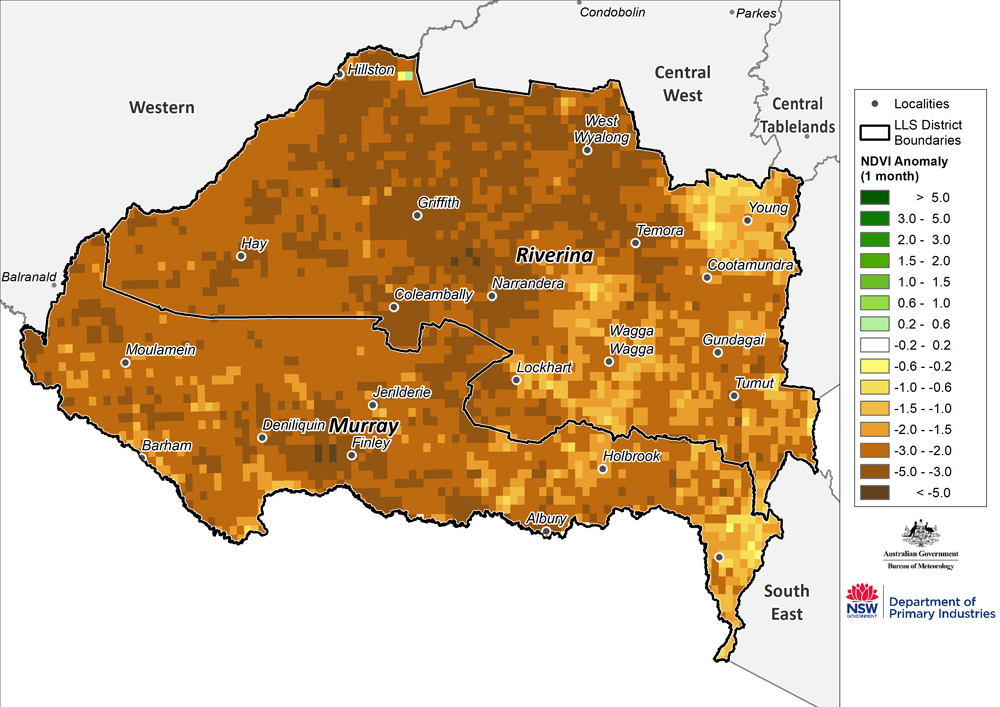 Figure 12. Monthly NDVI anomaly map for the Murray and Riverina regions For an accessible explanation of this map contact the author kim.broadfoot@dpi.nsw.gov.au