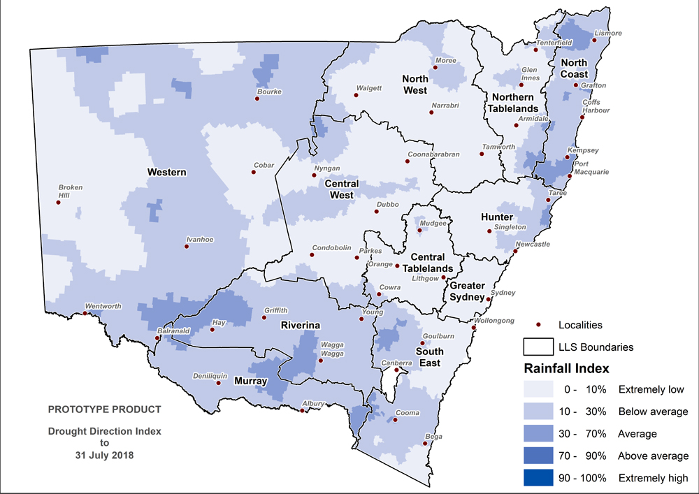 Figure 6. Rainfall Index (RI) to 31 July 2018 For an accessible explanation of this image contact the author kim.braodfoot@dpi.nsw.gov.au