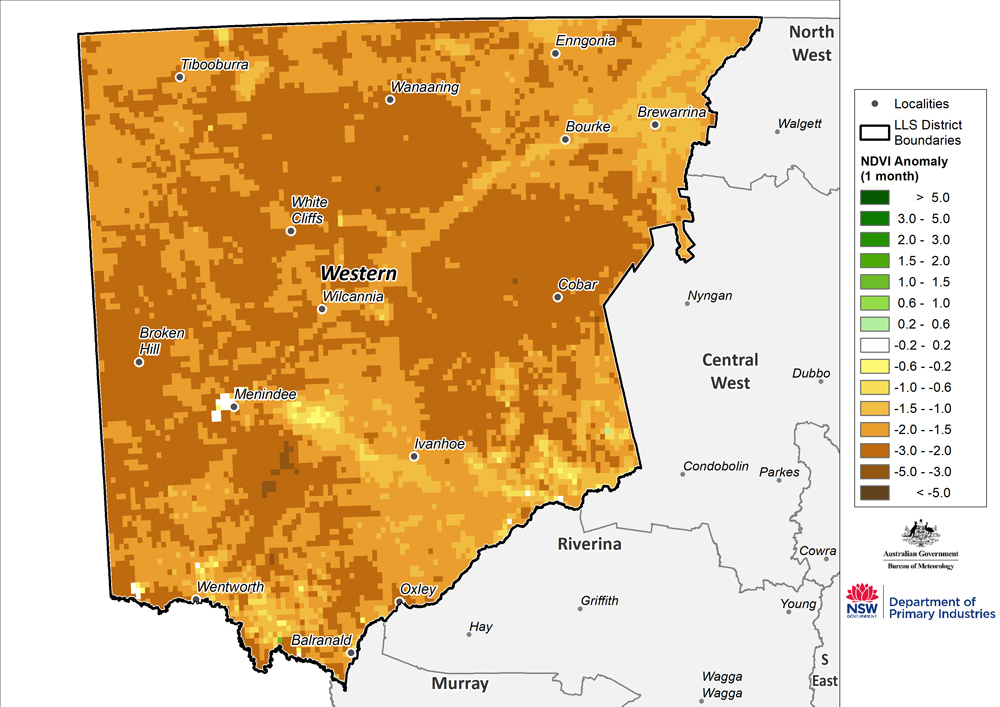 Figure 16. Monthly NDVI anomaly map for the Western Region For an accessible explanation of this map contact the author kim.broadfoot@dpi.nsw.gov.au