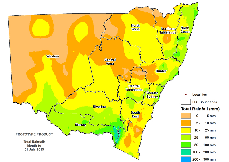 Figure 2. Total rainfall July 2019 For an accessible explanation of this map contact the author seasonal.conditions@dpi.nsw.gov.au