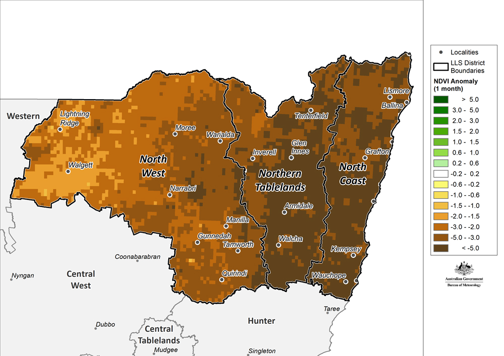 Figure 20. Monthly NDVI anomaly map for the North West, Northern Tableland and North Coast regions For an accessible explanation of this map contact the author seasonal.conditions@dpi.nsw.gov.au