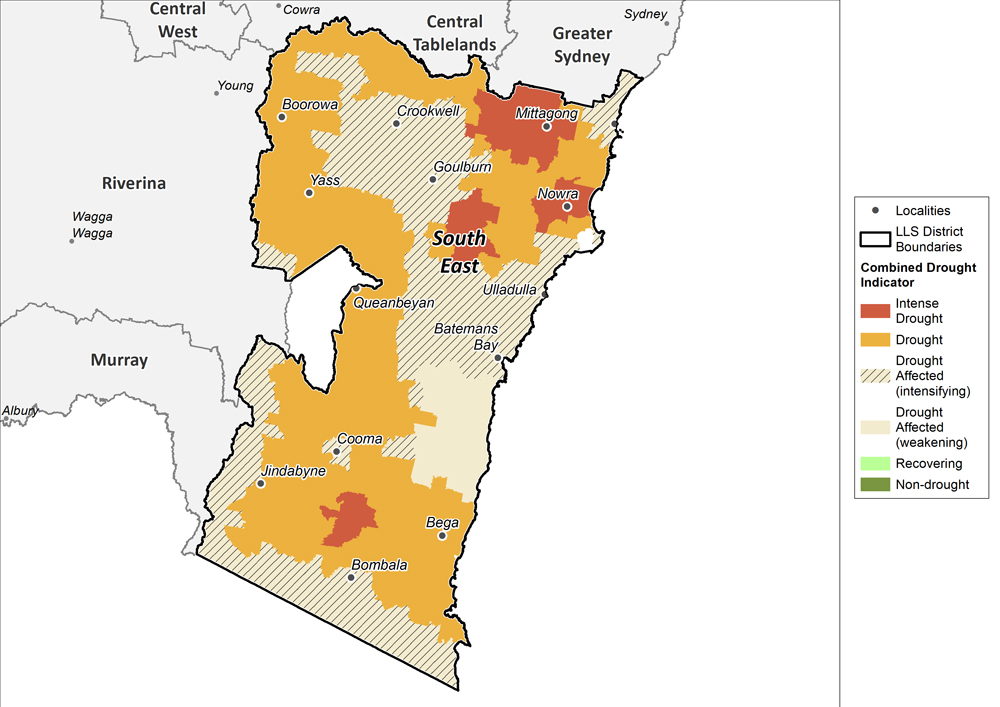 Figure 25. Combined Drought Indicator for the South East region For an accessible explanation of this map contact the author seasonal.conditions@dpi.nsw.gov.au