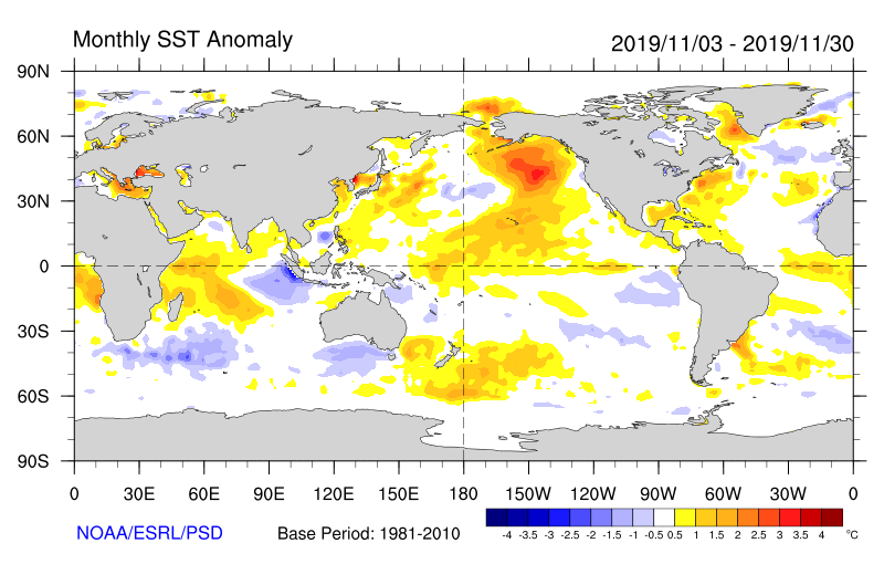 Figure 32. Monthly sea surface temperature anomalies (Source: NOAA) For an accessible explanation of this map contact the author seasonal.conditions@dpi.nsw.gov.au