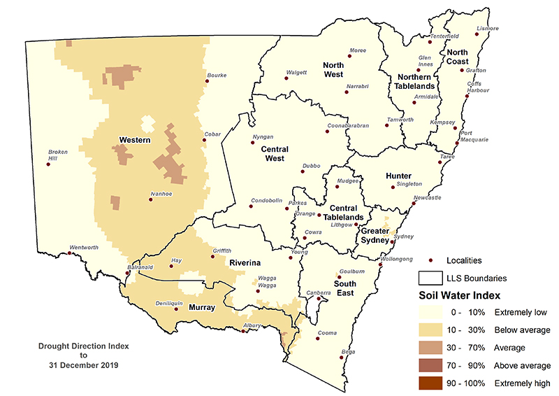 Figure 8. Soil Water Index (SWI) to 31 December 2019 For an accessible explanation of this map contact the author seasonal.conditions@dpi.nsw.gov.au
