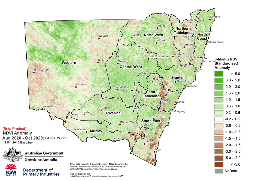 Figure 4. Seasonal NDVI anomaly 1 August 2020 to 27 October 2020 For an accessible explanation of this map contact the author seasonal.conditions@dpi.nsw.gov.au