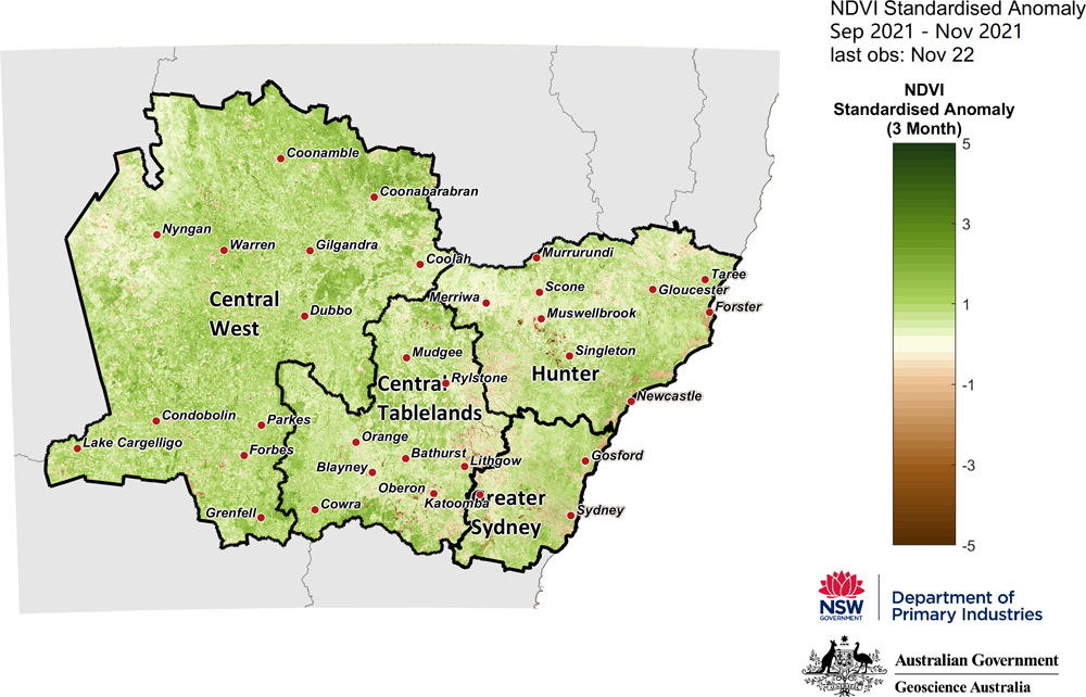 Figure 21. 3-month NDVI anomaly map for the Central Tablelands, Central West, Hunter and Greater Sydney regions Figure 21. 3-month NDVI anomaly map for the Central Tablelands, Central West, Hunter and Greater Sydney regions