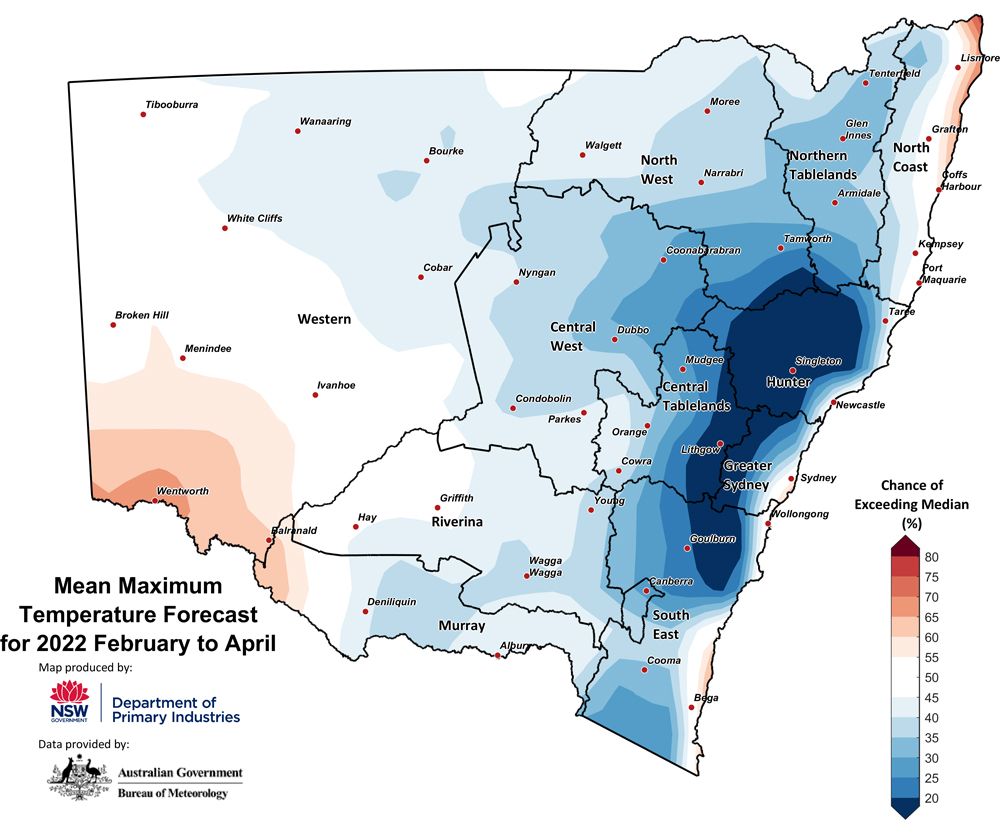 Figure 27. Seasonal average maximum temperature outlook for NSW issued on 3 February 2022 Figure 27. Seasonal average maximum temperature outlook for NSW issued on 3 February 2022