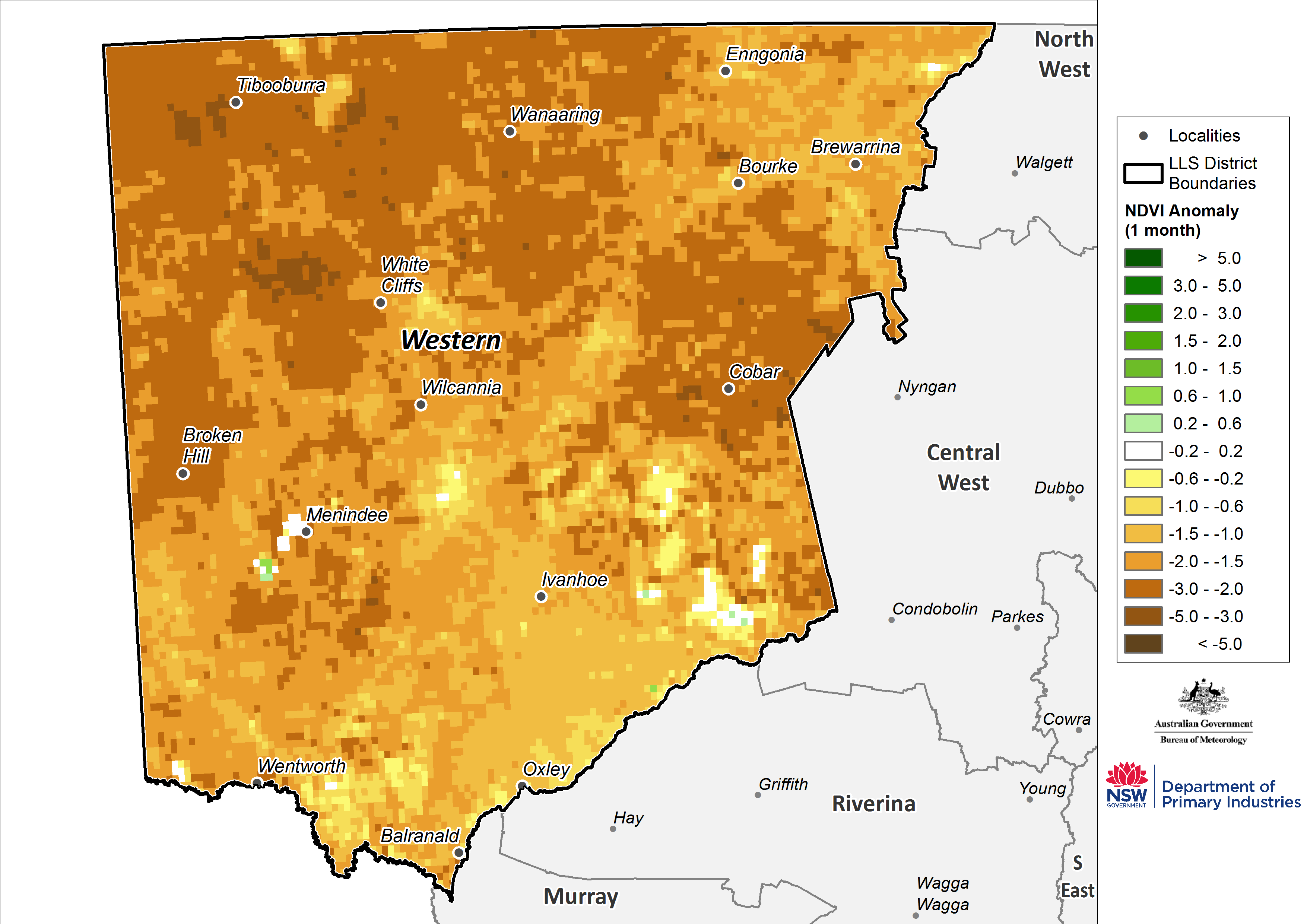 Figure 14. Monthly NDVI anomaly map for the Western Region For an accessible explanation of this map contact the author anthony.clark@dpi.nsw.gov.au