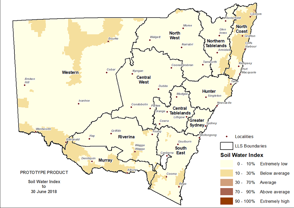 Figure 7. Soil Water Index (SWI) to 30 June 2018 For an accessible explanation of this map contact the author kim.broadfoot@dpi.nsw.gov.au