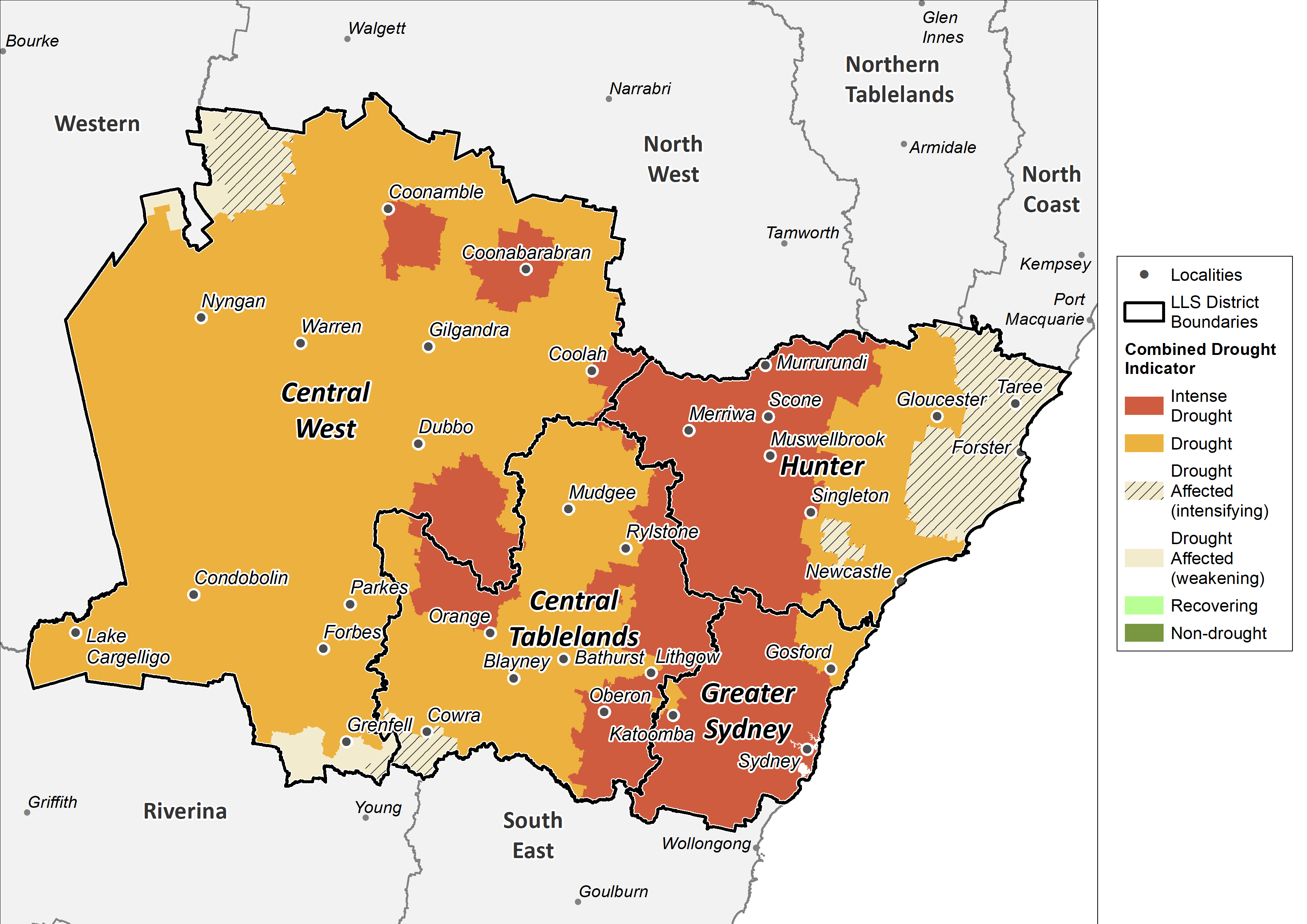 Figure 17. Combined Drought Indicator for the Central Tablelands, Central West, Hunter and Greater Sydney regions For an accessible explanation of this map contact the author kim.broadfoot@dpi.nsw.gov.au