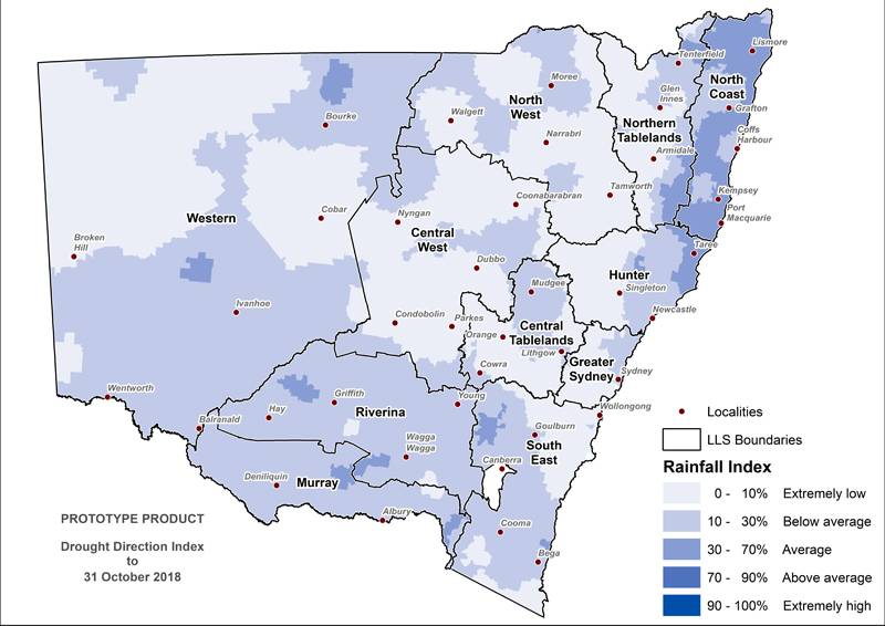 Figure 7. Rainfall Index (RI) to 31 October 2018 For an accessible explanation of this image contact the author kim.broadfoot@dpi.nsw.gov.au