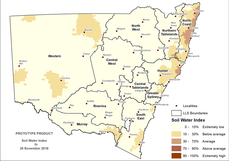 Figure 8. Soil Water Index (SWI) to 30 November 2018 For an accessible explanation of this map contact the owner kim.braoadfoot@dpi.nsw.gov.au