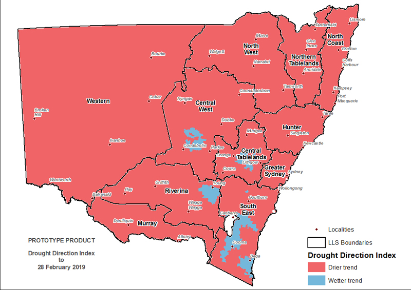 Figure 10. Drought Direction Index (DDI) to 28 February 2019 For an accessible explanation of this image contact scott.wallace@dpi.nsw.gov.au