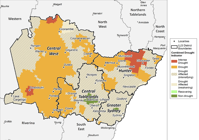 Figure 21. Combined Drought Indicator for the Central Tablelands, Central West, Hunter and Greater Sydney regions For an accessible explanation of this graphic contact the author scott.wallace@dpi.nsw.gov.au