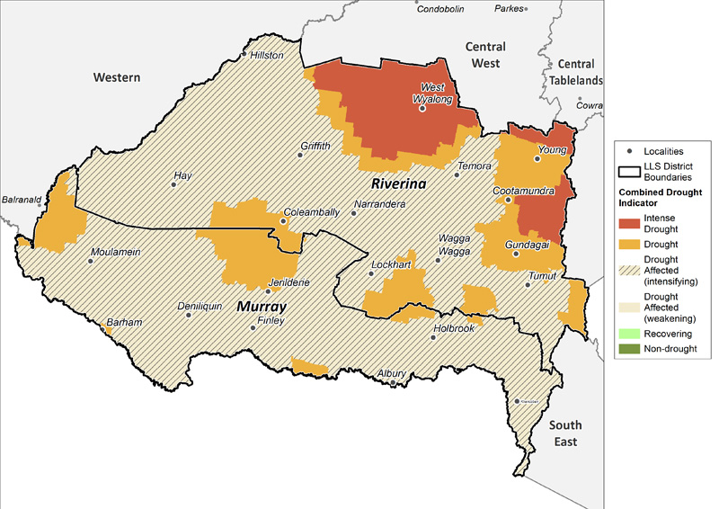 Figure 13. Combined Drought Indicator for the Murray and Riverina region For an accessible explanation of this map contact the author seasonal.conditions@dpi.nsw.gov.au