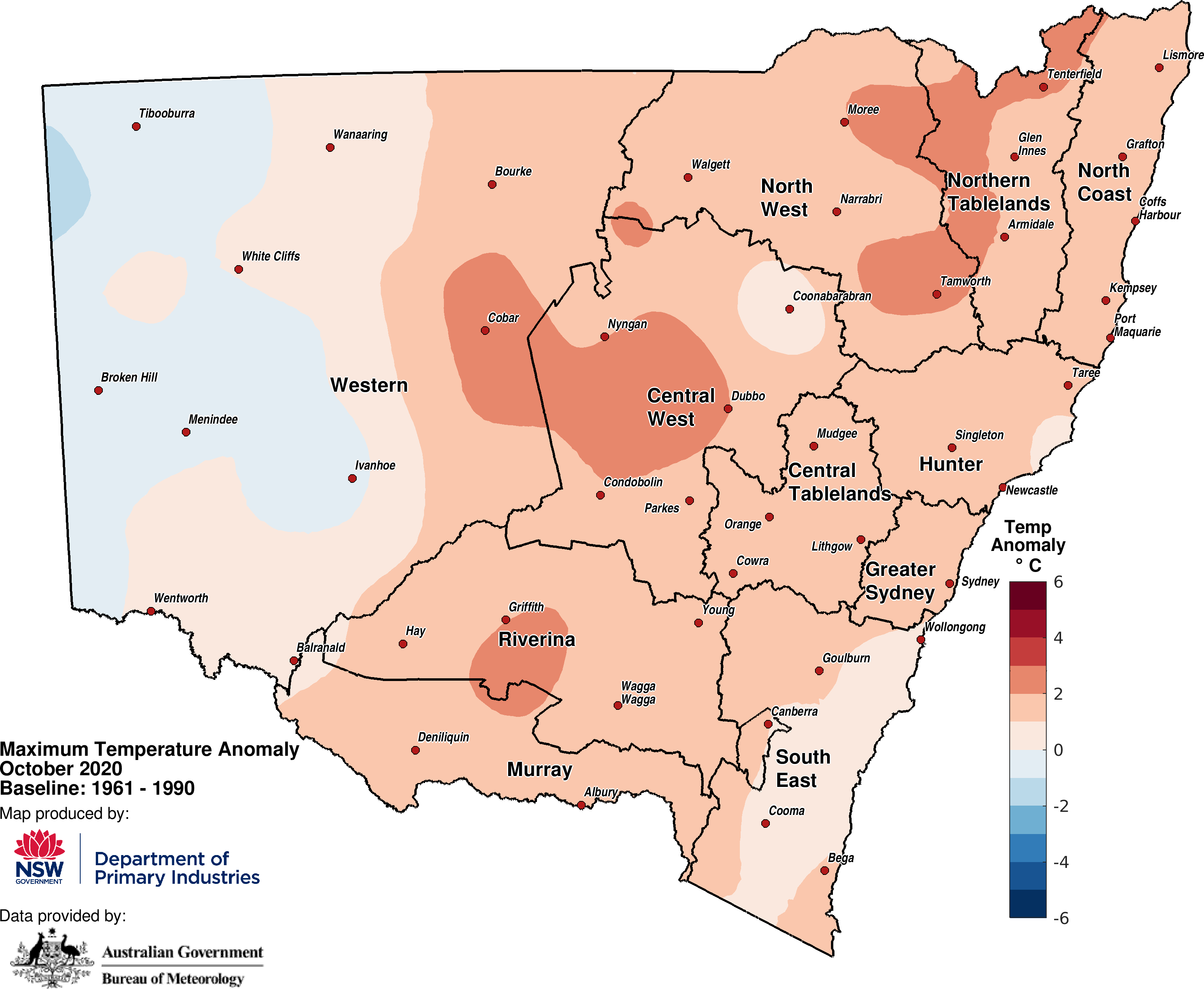 Figure 3a. Average maximum temperature anomaly – October 2020 For an accessible explanation of this map contact the author seasonal.conditions@dpi.nsw.gov.au