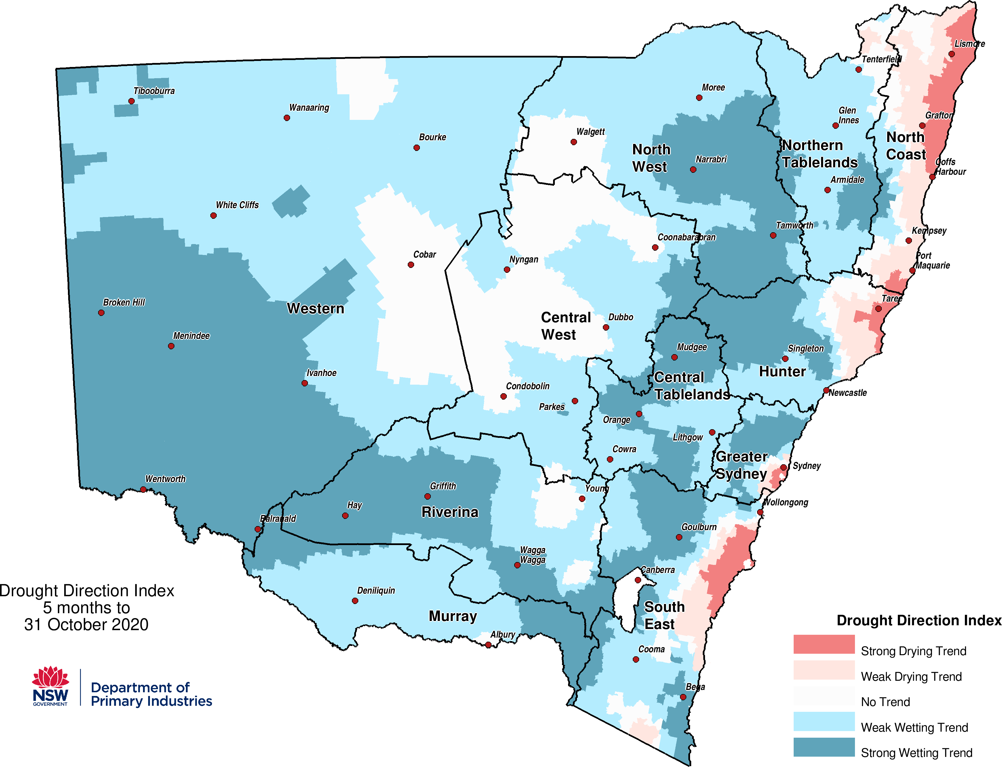 Figure 9. Drought Direction Index (DDI) to 31 October 2020 For an accessible explanation of this map contact the author seasonal.conditions@dpi.nsw.gov.au