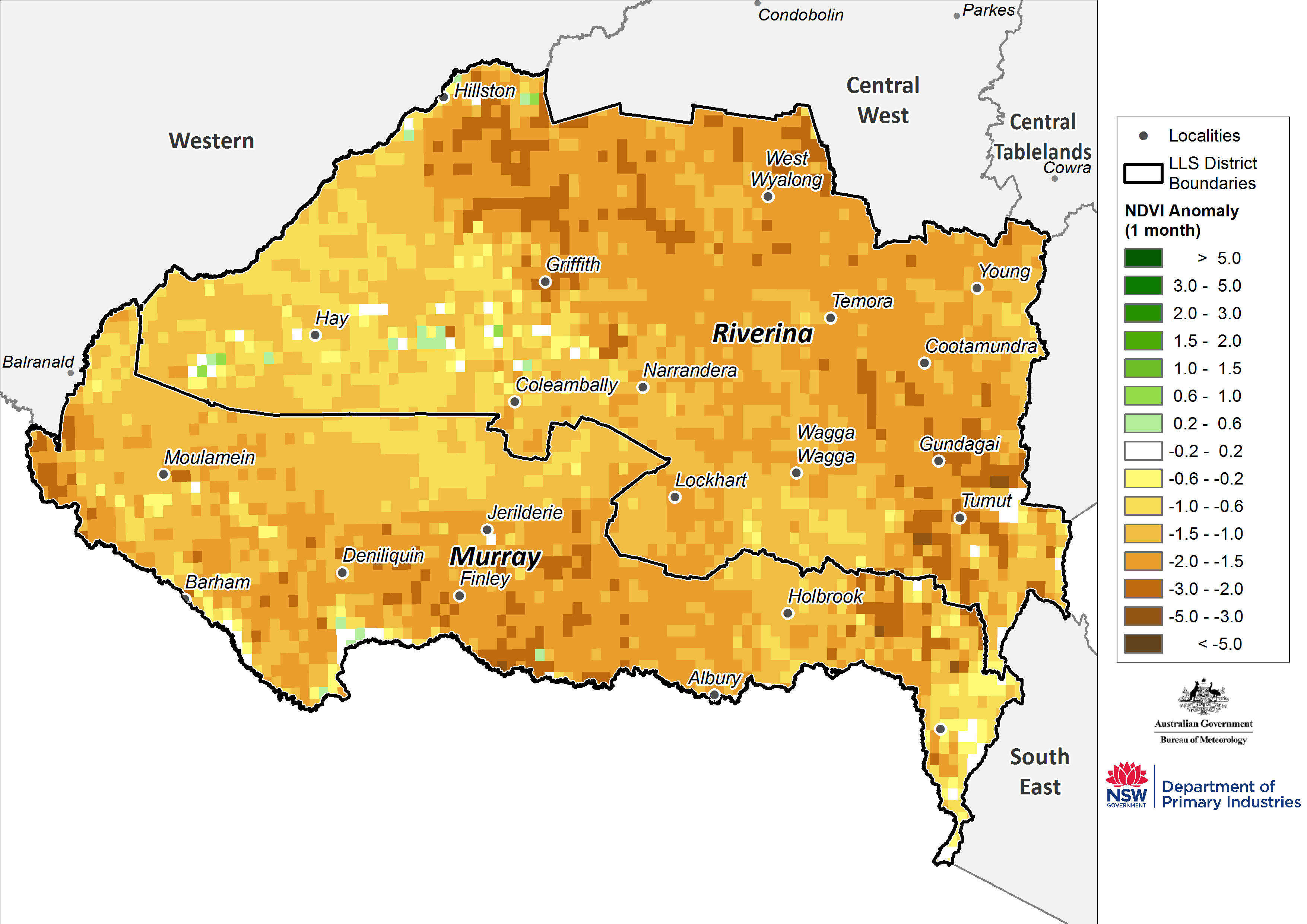 Figure 12. Monthly NDVI anomaly map for the Murray and Riverina regions For an accessible explanation of this map contact the author anthony.clark@dpi.nsw.gov.au