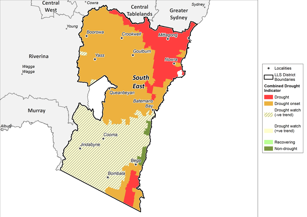 Figure 19. Combined Drought Indicator for the South East region (unverified data) For an accessible explanation of this map contact the author kim.broadfoot@dpi.nsw.gov.au