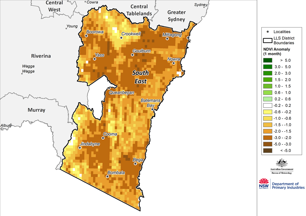 Figure 28. Monthly NDVI anomaly map for the South East region For an accessible explanation of this image contact the author kim.braodfoot@dpi.nsw.gov.au